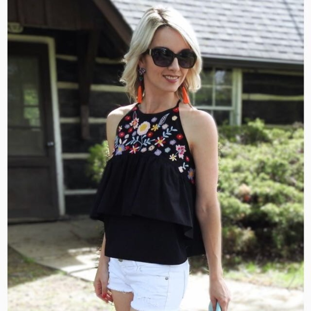 Zara Floral Embroidered Halter Neck Top in Black